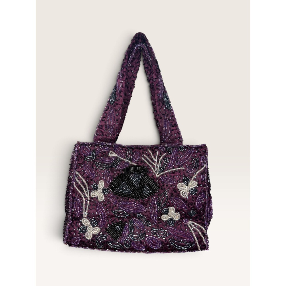 Vintage Beaded Mini Tote Bag Purple Black Floral Handmade 90s Y2K